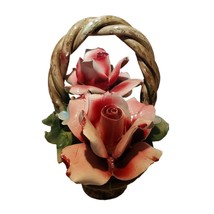 Nuova Capodimonte Porcelain Flower Basket Large 12&quot; Pink Roses Italy REP... - £30.58 GBP