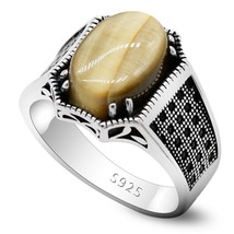 Natural stone ring men&#39;s 925 sterling silver gold tiger eye stone vice stone spi - £40.71 GBP