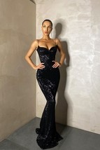 Spaghetti Straps Black Sequin Prom Dress Mermaid Skirt - $189.99