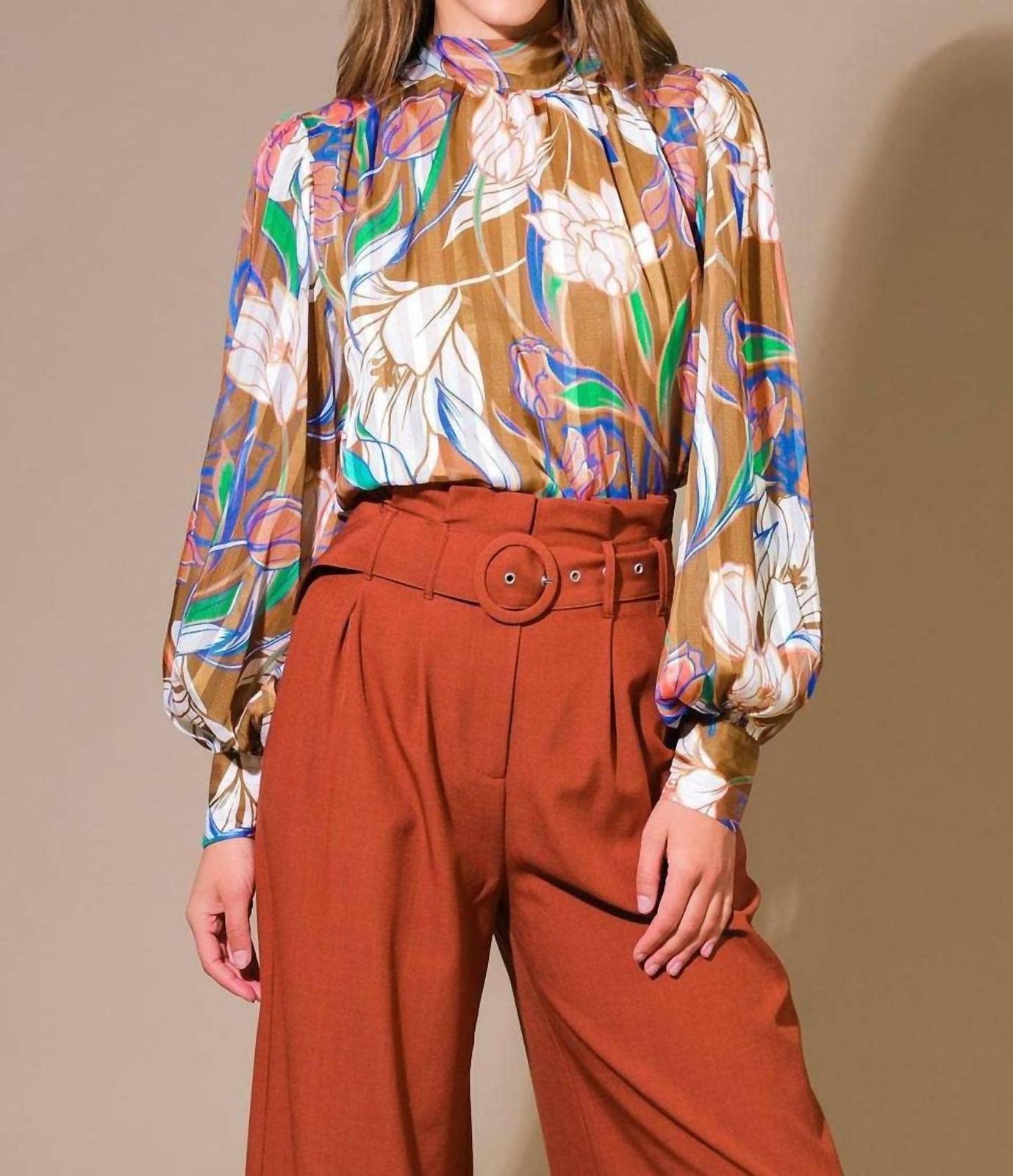 Flying Tomato Retro Bow Tie Neck Blouse Brown - $47.00