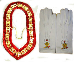 MASONIC REGALIA SHRINER NEW DRESS METAL COLLAR RED VELVET &amp; GLOVES PAIR ... - £79.79 GBP