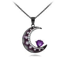 Crescent Moon Necklace With Purple Lotus And Heart Purple Stone Silver Pendent - £111.11 GBP