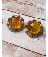 Vintage Clip On Earrings Large Statement Faceted Amber Tone Gem with Halo - £10.99 GBP