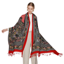 Anyyou Scarf 100% Merino Wool Red and Flower Frames Silk Satin Large Winter - £64.69 GBP