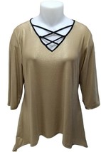 NY Collection Asymmetrical Mocha Gold Glittery Lace-Up 3/4 Sleeve Blouse... - £11.81 GBP