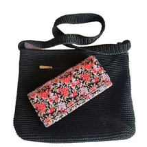 The Sak Black Fabric Woven Knitted Crossbody Purse Bag Logo Fob &amp; Floral... - $16.82