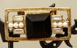 Vintage Costume Jewelry Gold Tone Black Glass Rhinestone Bar Brooch Pin - $14.62