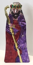 Mexican Folk Art Nativity Scene Tin Shepherd in Purple &amp; Red Robe Stands Up - $13.00