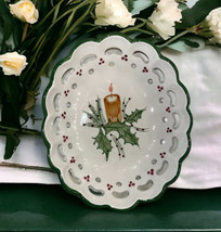 Reticulated Portugal Hand Painted Ceramic Bowl Candle Holly Leaves Chris... - $35.63