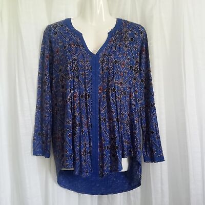 LUCKY BRAND Long Sleeve Pintuck Blue Brown Black Print Jersey Knit TUNIC... - $23.74