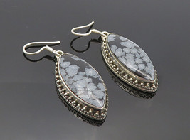 925 Sterling Silver - Vintage Snowflake Obsidian Pointed Dangle Earrings- EG3169 - £38.64 GBP