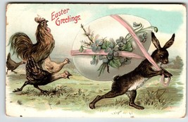 Easter Postcard Bunny Rabbit Hauls Giant Egg Roosters Hens Fantasy 1907 Vintage - £10.60 GBP