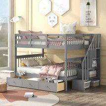 Full-Over-Full Bunk Bed with Drawer, Storage and Guard Rail for Bedroom, Gray - £619.84 GBP