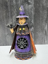 2003 Metal Halloween Witch Votive Candle Holder Cut Out Spider Web Crow Cape 12&quot; - £22.10 GBP