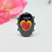 Artisan Lampwork Glass Barrel Drum Bead Black Red Yellow Heart Green Hobnail Dot - $9.95