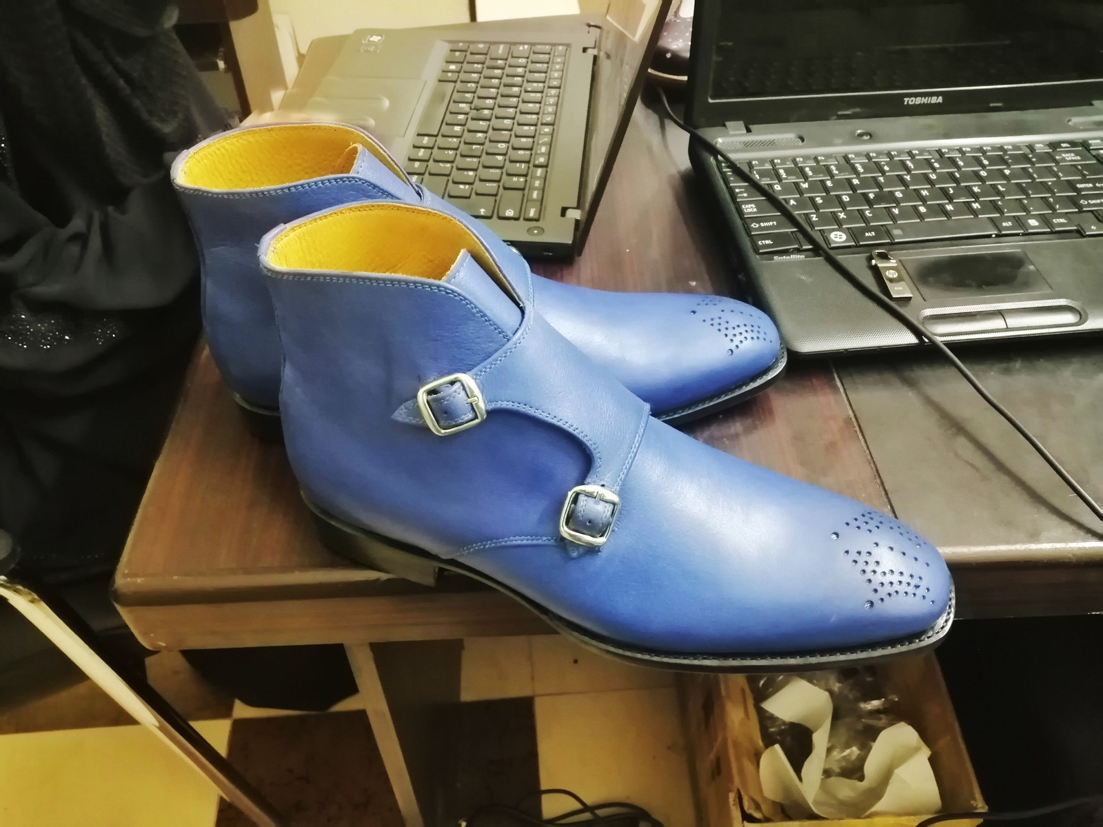 Handmade Blue Leather Chukka Buckle Boot, Men's Double Monk Strap Brogue Boots 2