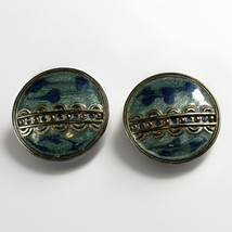 Vintage Edgar Berebi Green &amp; Blue Enamel Silvertone Round Pierced Earrin... - $21.25