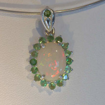 Pendant Welo Opal Tsavorite Green Garnet Halo Handmade Silver Dangle Design 147 - £135.93 GBP