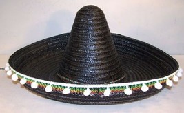 Black Mexician Sombrero Hat W Pom Poms Mexico Dressup Party Supplies Costume New - £9.92 GBP