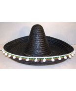 BLACK MEXICIAN SOMBRERO HAT W POM POMS mexico dressup party supplies cos... - $16.87 CAD