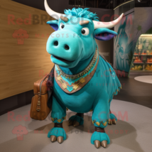 Turquoise Bull mascot costume character dressed with a Wrap Skirt and Messenger  - $1,249.00