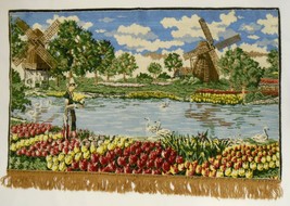 Windmills &amp; Tulips Holland Large Wall Art Hanging Carpet Vibrant Nature 25X42 - $59.95