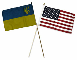 12x18 12&quot;x18&quot; Wholesale Combo USA &amp; Ukraine Trident Small Symbol Stick Flag - £23.53 GBP
