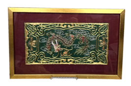 Vintage Chinese Embroidered Dragon Green Silk Tapestry Framed Wall Art 14.75&quot; - £63.00 GBP