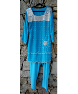 Indian Women Kurta Dress Set Blue Salwar Kameez Pyjama Pre Owned Stitche... - £24.40 GBP