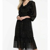 by The River Womens Long Sleeve Chiffon Midi Lined Dress Black Gold Acce... - £43.25 GBP