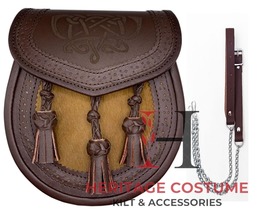 Scottish Handmade Laser Etched Brown Leather Three Tassel Kilt Sporran Bag - £43.45 GBP