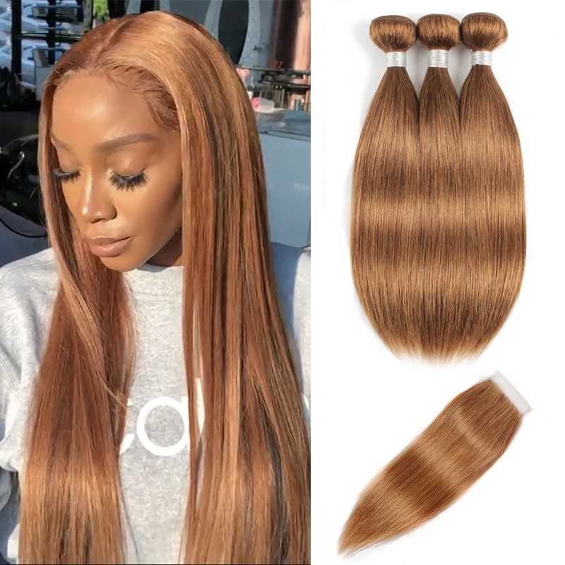 Ginger Blonde Bundles with 4x4 Lace Closure Color 30 Straight Remy Straight - £258.40 GBP