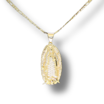 Virgin Mary iced Cz Pendant 18k Gold Plated 20&quot; Figaro Chain Unisex Necklace - £9.53 GBP