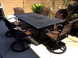 Fire pit dining propane table set 7 piece outdoor cast aluminum patio fu... - £3,625.35 GBP