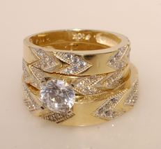 14k Yellow Gold Finish 2Ctw Diamond His &amp; Her Wedding Engagement Trio Ring Set - £74.71 GBP