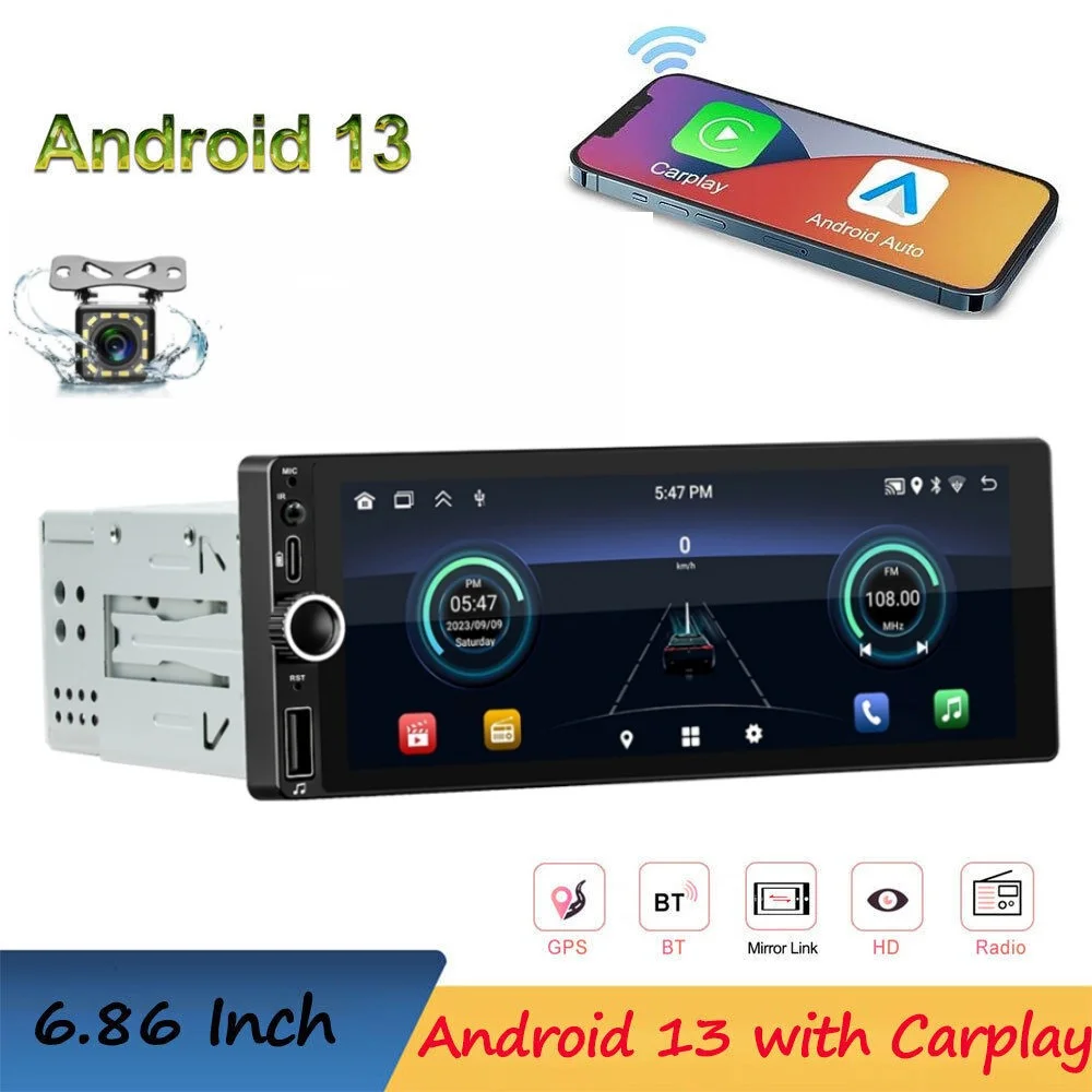 1 Din Android Car Radio Wireless CarPlay Android-Auto Wifi Bluetooth Handsfree - £71.71 GBP+
