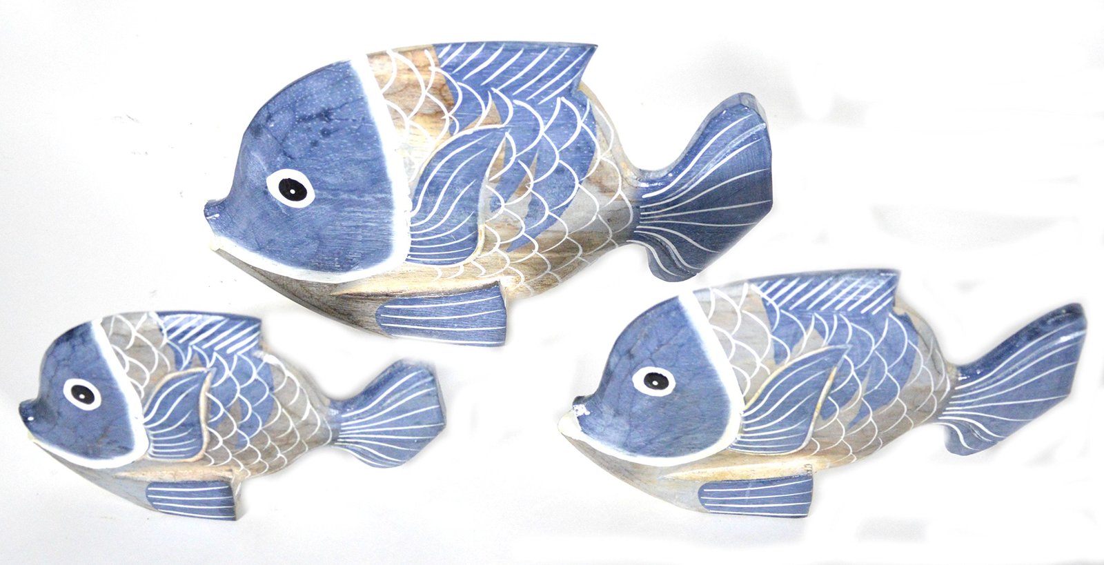 Primary image for Diaotec Beautiful Unique Set of 3 Blue Wooden Fish Hand Carved Statue Sculpture 
