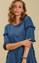 New Umgee Sizes S M Slate Blue High Low Cotton Knit Pullover Tunic Fringed Hems - £20.56 GBP