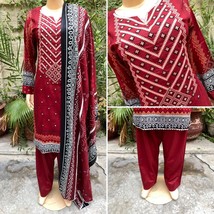 Pakistani Maroon Printed Straight Shirt 3-PCS Lawn Suit / Threadwork ,L - £43.42 GBP