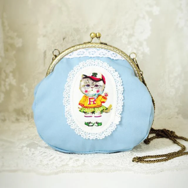 Women Handmade Cat Pattern Kiss Lock Shoulder Bag Light Blue Green Vintage Cute  - $45.84