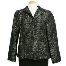 Eileen Fisher Black Silver Metallic Jacquard Wool Blend Open Front Jacket Xs - £167.82 GBP