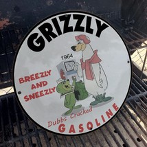 Vintage 1964 Grizzly Gasoline &#39;&#39;Breezly And Sneezly&#39;&#39; Porcelain Gas &amp; Oil Sign - £99.05 GBP