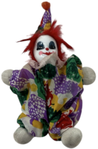 Vtg Porcelain Face Jester Clown Doll 5.5" Sandbag Body Red Hair Colorful Suit image 2