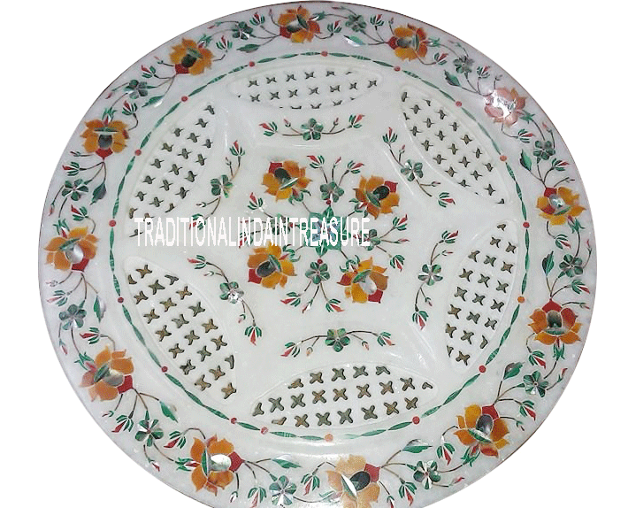 Primary image for 12" White Marble Serving Tray Platter Semi Precious Christmas Mosaic Decor Gifts
