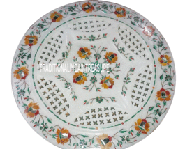 12&quot; White Marble Serving Tray Platter Semi Precious Christmas Mosaic Dec... - £223.15 GBP