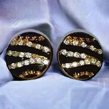 Vintage Enameled Disc Earrings Rhinestone Abstract Round Circle Mid Century Mod - £10.70 GBP
