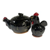 Redware Chicken Salt Shaker &amp; Sugar Bowl 2 PIECE SET Vintage Lid Black R... - £29.77 GBP