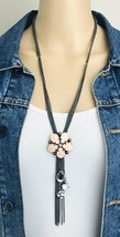 Gunmetal Multi Strand Rhinestone Pink Flower Chain Fringe Tassel Necklace - £12.37 GBP