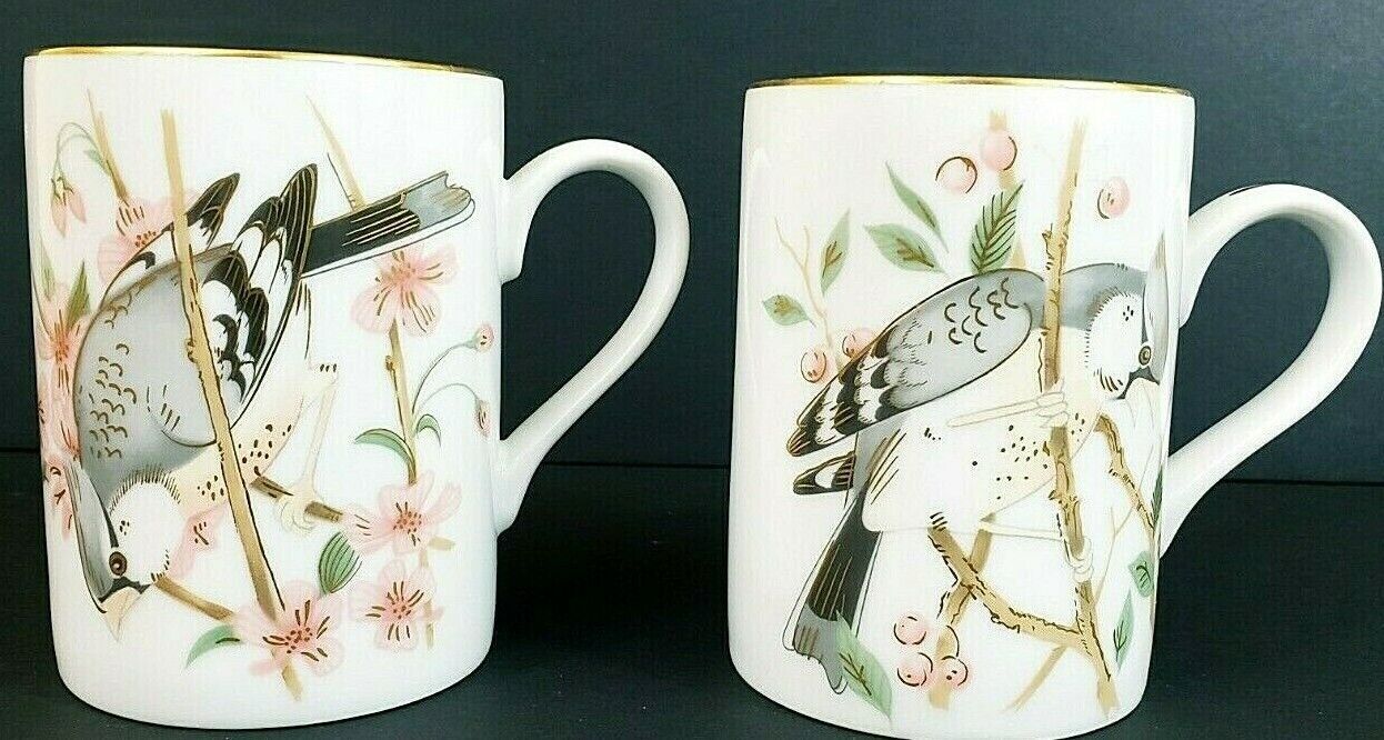 Fitz &amp; Floyd Bird Song Coffee Cups W/Gold Trim 4&quot; x 2 3/4&quot; Japan Set Of 2 - $14.01