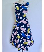Boden Elena Fit &amp; Flare Dress 8R US Pink Blue Gold Brush Strokes on Navy... - £37.60 GBP